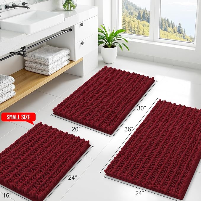 Smiry Bathroom Rugs 47X24, Extra Soft Rubber Backing Chenille Bath Mats | Red Machine Washable Non Slip Quick Dry Bath Mats for Bathroom Floor, Tub, Shower, Home Decor Accessories