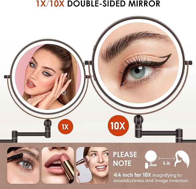 IMIKONA 9" Wall Mounted Lighted Makeup Mirror,4000mAh Rechargeable Double Sided 1X/10X Magnifying Mirror with Light,3 Color Lights,Touch Dimmable,Extended Arm 360 Rotation Wall Mounted Makeup Mirror