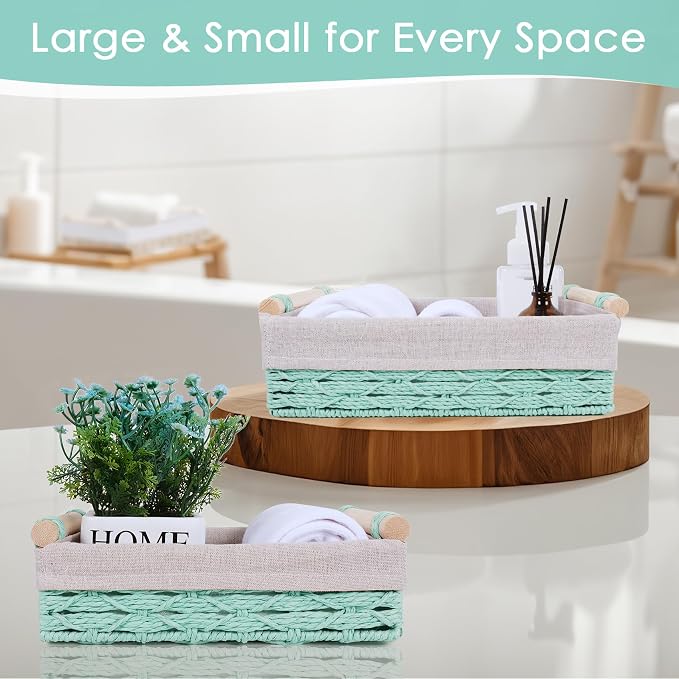 Wicker Storage Basket with Wooden Handle – Paper Rope Decorative Toilet Paper Baskets & Bathroom Organizer for Toilet Tank Top, Shelves, Bedroom, Countertop,Home,Office Storage Bins, 2 Pack,Mint Green