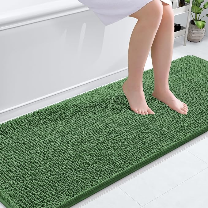 OLANLY Bathroom Runner Rugs 70x24, Extra Soft Absorbent Chenille Bath Rugs | Olive Green, Quick-Drying Rubber Backing, Washable Long Bath Mat for Bathroom Floor, Tub and Shower, Home Decor Accessories