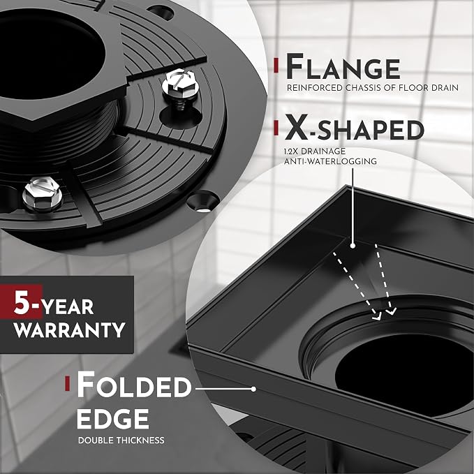WEBANG 4 Inch Square Shower Drain Black Floor Drain with Flange Square Holes Pattern Cover Grate Removable SUS304 Stainless Steel Watermark&CUPC Certified Matte Black