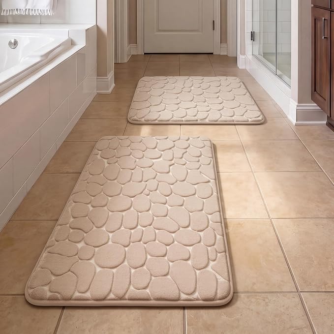 YIHOUSE Bathroom Rugs Mat Set, Memory Foam Bath Mat 2 Piece Khaki | 17x24&20x32, Non Slip, Water Absorbent, Washable, Bath Mat For Bathroom, Sink and Toilet
