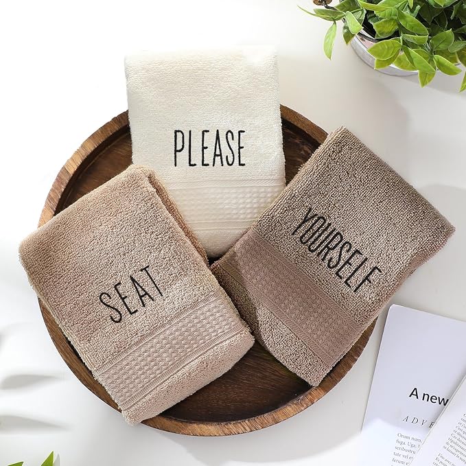 3 Pcs Hand Towels Bathroom Set,Brown,Please Seat Yourself | Embroidered Cotton Farmhouse Towels, Kitchen Decor, Rustic Boho Decorative with Text Labels, Guest Bath Home