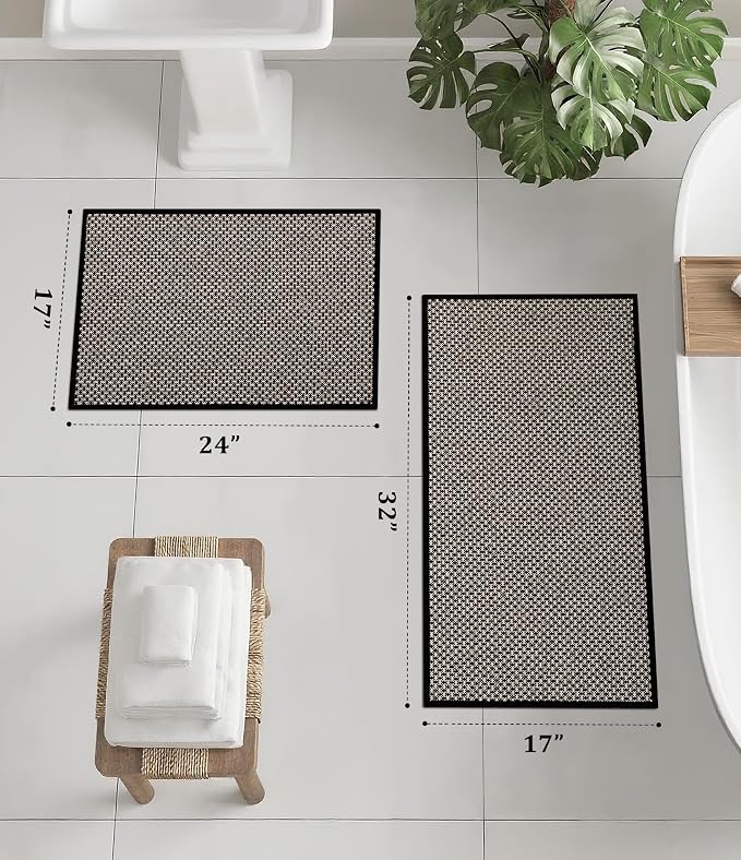 YIHOUSE Thin Bath Mat Black Bathroom Rugs Sets 2 Pieces, Non Slip Absorbent Mats Quick Dry, Woven Rugs Washable, Tapetes para Baño for Bathroom Toliet,Bathtub(17"x24"+17"x32")