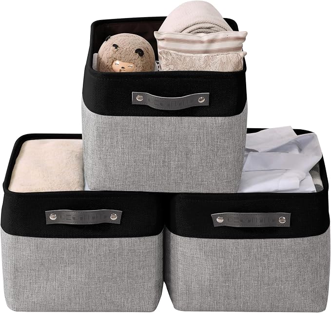 DECOMOMO Storage Bins, Extra Large Fabric Storage Baskets for Shelves, Decorative Linen Closet Organizer, 15.8 x 12.5 x 10 inches (Grey & Black, 3 Pack)