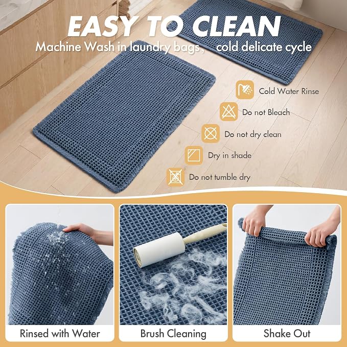 MIULEE Set of 2 Waffle Bathroom Rugs Bordered Bath Mat Blue 17"x24"+18"x30" | Non Slip, Super Absorbent, Washable, Ultra Soft, Rubber Backed Bath Rugs for Bathroom Floor Tub and Shower, Boho Decor