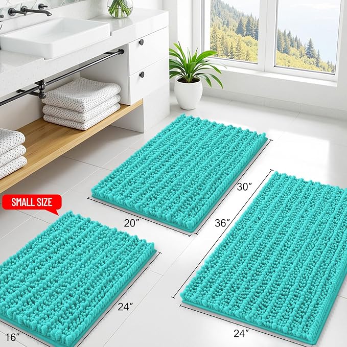 Smiry Bathroom Rugs 44X24, Extra Soft Rubber Backing Chenille Bath Mats | Turquoise Machine Washable Non Slip Quick Dry Bath Mats for Bathroom Floor, Tub, Shower, Home Decor Accessories