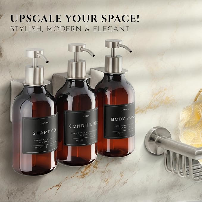 Shower Shampoo Dispenser Wall Mounted – 3 Refillable 16.9 oz Amber Bottles with Stainless Steel Pumps & No-Drill Adhesive Holders – Soap Dispenser Set for Bathroom (3 X Amber/Silver)