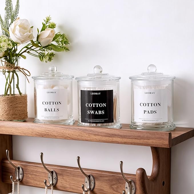 LEORAY 3 Pack Glass Qtip Holder Dispenser with Lids, Airtight Waterproof Apothecary Jars, 16 Oz Vanity Organizer Bathroom Canisters for Cotton Swabs, Balls, Pads, Floss Picks, Transparent