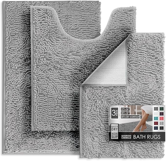Hearth & Harbor Bathroom Rugs, Chenille Bath Mat - Machine Washable Bath Mats for Bathroom Non-Slip Backing Rubber, Quick Dry Mat - Silver Bath Rug, 17x24-20x32-20x24