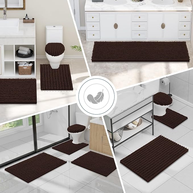 Smiry Bathroom Rugs Sets 2 Piece (47x20+24x16), Extra Soft Bath Mats | Brown Soft Absorbent, Rubber Backing Machine Washable Quick Dry Chenille Bath Rug Set for Tub, Shower, and Floor