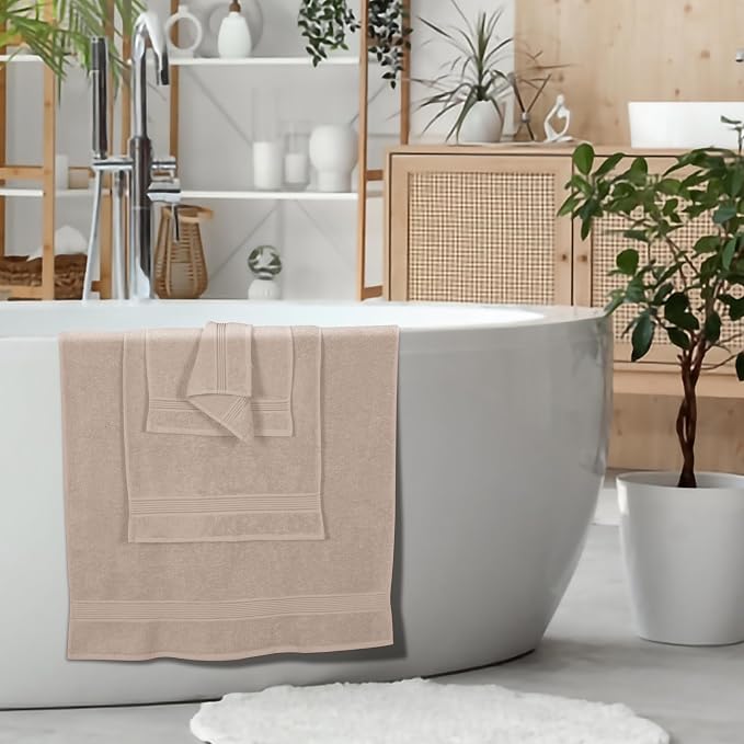 Ultra Soft 6 Pack Cotton Towel Set, Contains 2 Bath Towels 28x55 inch, 2 Hand Towels 16x24 inch & 2 Wash Coths 12x12 inch, Ideal Everyday use, Compact & Lightweight - Tan