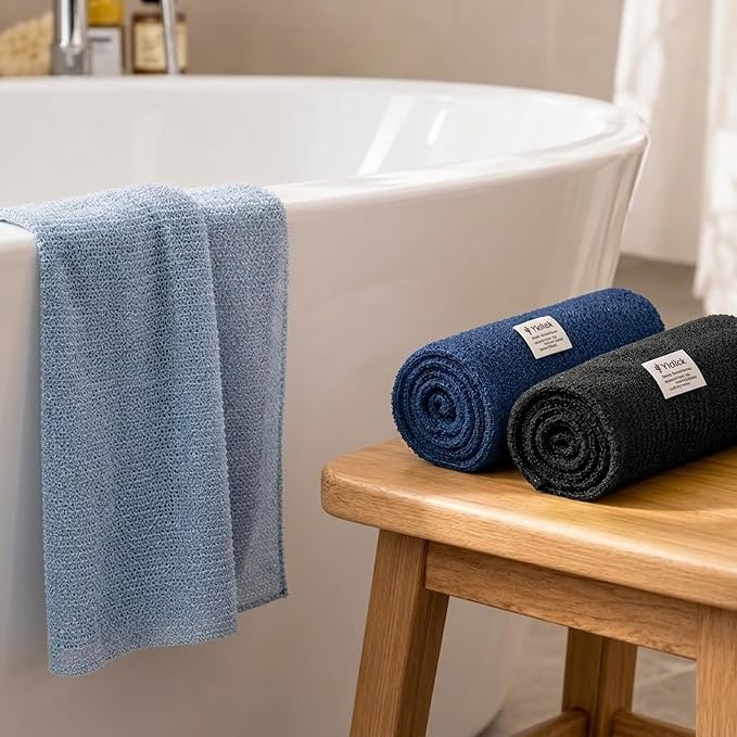 Exfoliating Washcloth Towel- Exfoliating Body Scrubber Exfoliator, Back Scrubber for Shower Bath, Exfoliate Rags Wash Cloths, Loofah Lufa Sponge, Silver Grey + Black + Deep Indigo