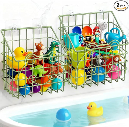 Greentainer 2 Pack Bath Toy Storage Organizer, Large Rustproof Metal Wire Basket, Wall Mounted Hanging Bathtub Holder, Bathroom Shower Caddy for Tub Toys & Toiletries