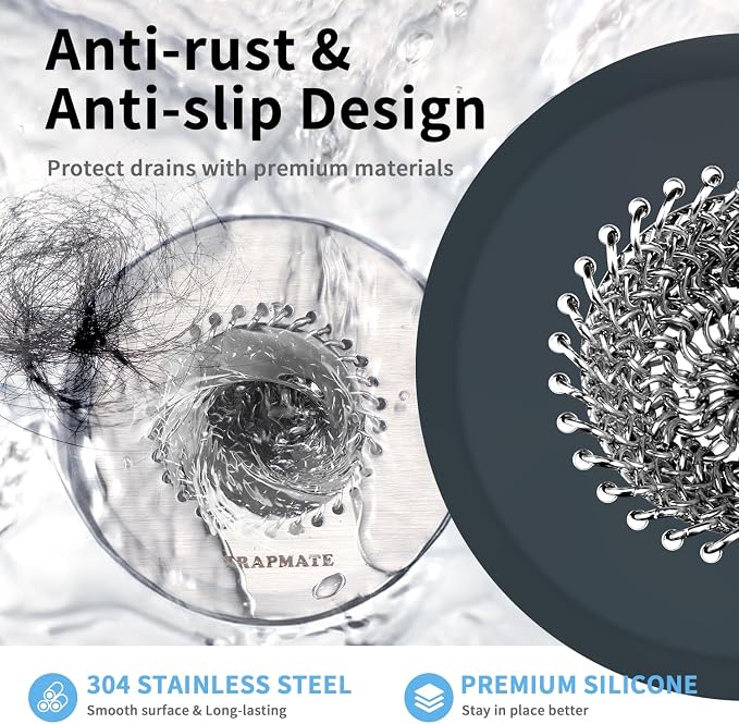 TRAPMATE 2PCS Bathtub Drain Strainer, 2.8" Patented Reversible Shower Tub Drain Hair Catcher, 304 Stainless Steel Drain Cover Protector fits Bathtub & Wash Basin, for Drains Under 2.5 Inches