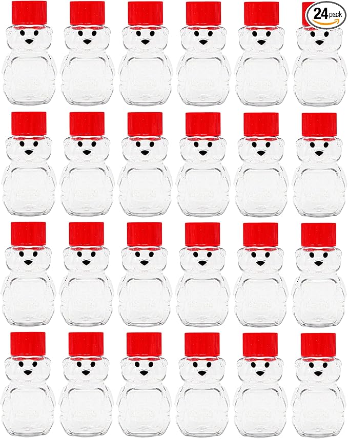 2 Ounce Honey Bears with Sealable Red Screw Top Lid - 24 Pack (2 oz. Bear, 24pk, Red)