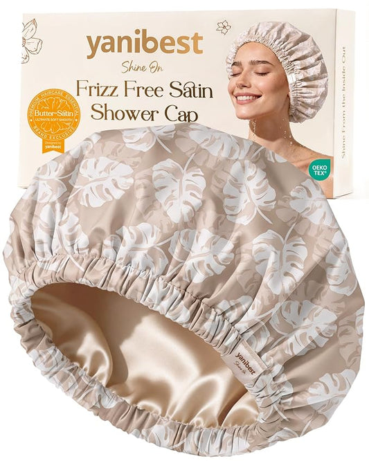 Yanibest Satin Lined Shower Cap, Shower Caps for Women Reusable Waterproof | Frizz Free & Large Durable Bath Cap with Soft Elastic Band, Luxury Hair Protection Caps, Nylon Shower Hair Cap