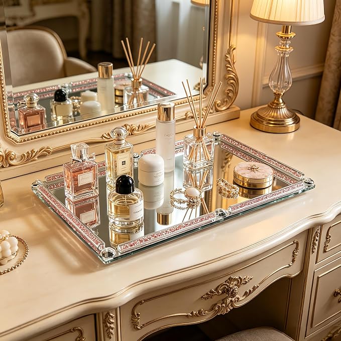 Large Mirror Perfume Tray for Dresser,Pink Crushed Diamond Filled Glass Vanity Tray,Decorative Bathroom Tray,Crystal Tray for Home Decorative,Party,Hotel Banquet,15.7x11.8x1.4inch,Pink