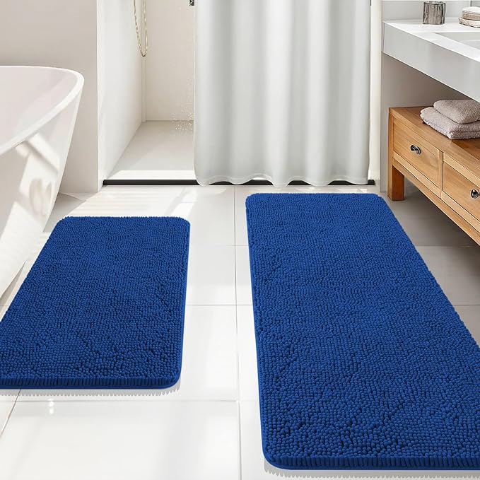 OLANLY Chenille Bathroom Rugs Mats Set 2 Piece, 59"x20"+30"x20", Royal Blue | Ultra Soft Absorbent Bath Rugs Set, Rubber Backing Non-Slip, Quick Dry, Machine Washable Bath Carpet, Home Decor Accessories