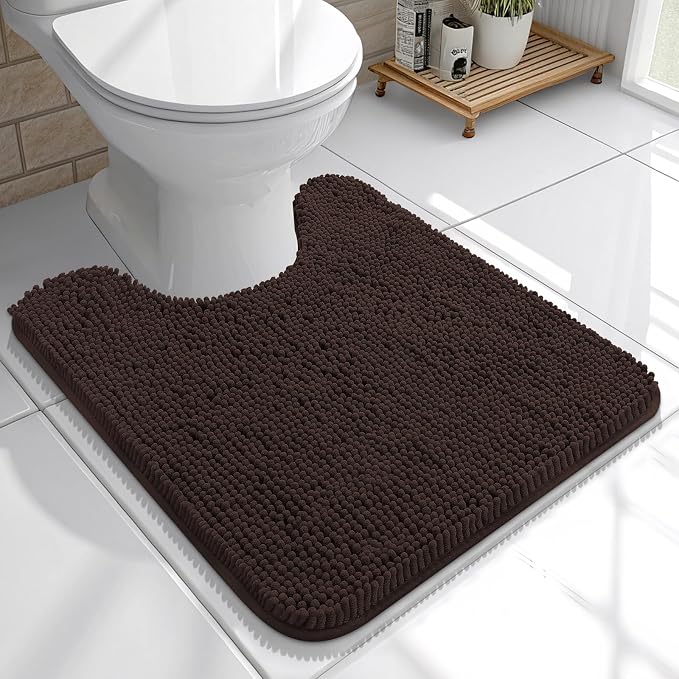 OLANLY Toilet Rugs U-Shaped 20x20, Soft Absorbent Chenille Contour Rugs | Brown, Quick-Drying Rubber Backing, Machine Washable Non-Slip Shaggy Bathroom Mat for Toilet, Home Decor Accessories