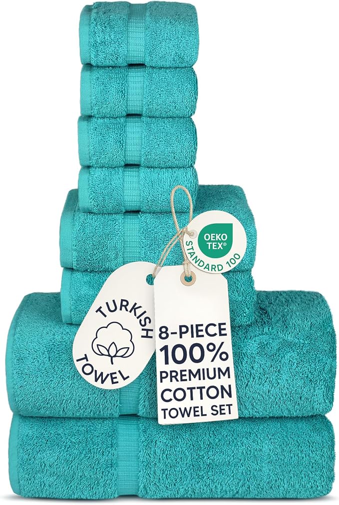 Chakir Turkish Linens 100% Cotton 8-Piece Towel Set, Aqua | 100% cotton 8-pc set, OEKO-TEX certified: 2 bath 27x54, 2 hand 16x30, 4 washcloths 13x13