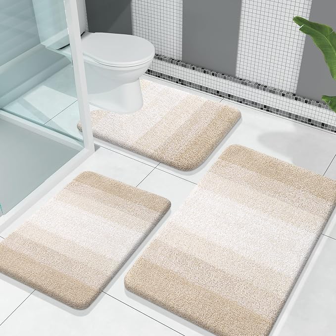 OLANLY Microfiber Bathroom Rugs Sets 3 Piece, 30"x20"+24"x16"+24"x20" | Light Beige, Soft Absorbent Bath Mats and U-Shaped Contour Toilet Rug, Machine Wash Dry, Plush Bath Mat Set for Bathroom