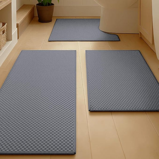 YIHOUSE Bathroom Rugs Sets 3 Piece Non Slip Washable, Absorbent Quick Dry Bath Mat Set with Toilet Mat, Weave Texture Low Profile Bath Rugs, Floor Mats for Bathroom, Tub & Shower, Light Grey