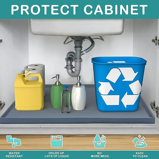 URMONA Waterproof Silicone Under Sink Mat 28'' x 19'' Shelf Liner for Kitchen and Bathroom, Cabinet and Counter Protector, Storage and Organizers, Litter Mat, Pet Cat Puppy Essentials(Beige)