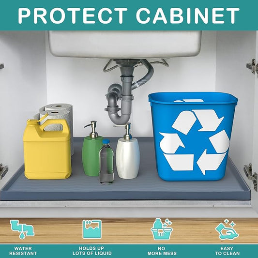 URMONA Waterproof Silicone Under Sink Mat 16'' x 10'' Shelf Liner for Kitchen and Bathroom, Cabinet and Counter Protector, Storage and Organizers, Litter Mat, Pet Cat Puppy Essentials(Beige)