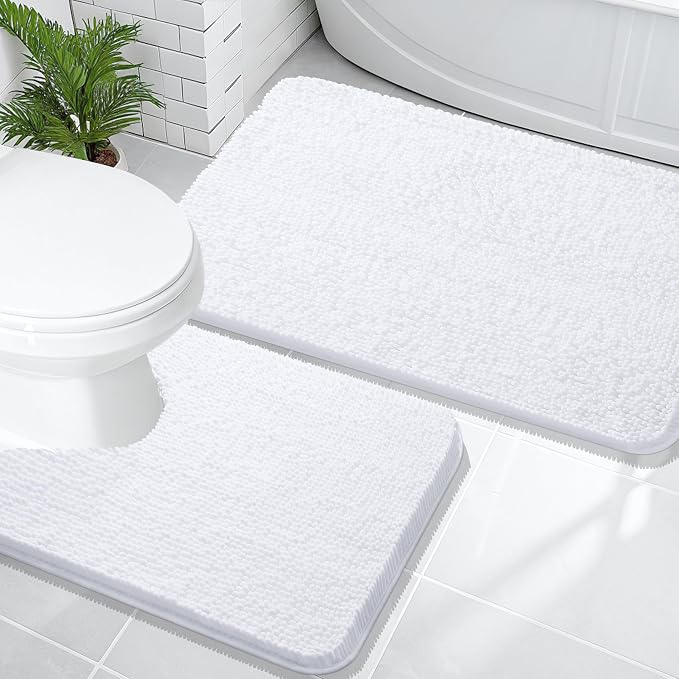 OLANLY Chenille Bathroom Rugs Mats Sets 2 Piece, 36"x24"+24"x20", White | Soft Absorbent Bath Mat and U-Shaped Contour Toilet Rug Set, Quick Dry, Machine Washable Bath Carpet, Home Decor Accessories
