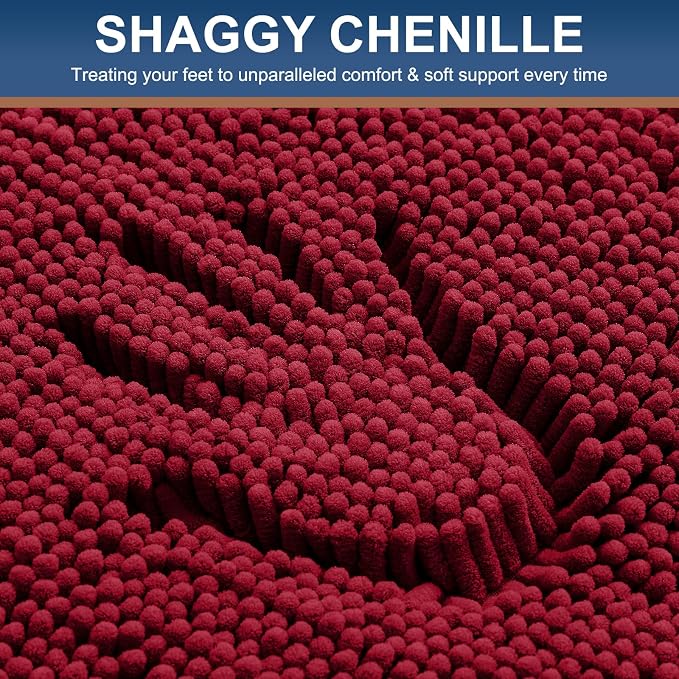 Smiry Chenille Bathroom Rugs Sets 2 Piece (30x20+24x16, Red) | Soft Absorbent Machine Washable Non Slip Shaggy Bath Rug Set for Tub, Shower, and Floor, Home Decor