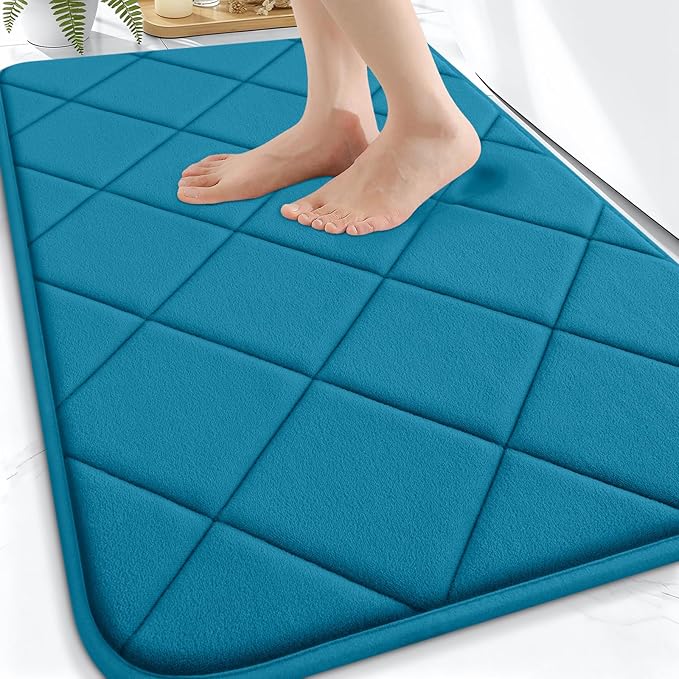OLANLY Memory Foam Bath Mat 30x20, Ultra Soft and Absorbent Bathroom Rugs | Peacock Blue, Quick Dry, Machine Washable Shower Bath Rugs, Comfortable Bath Carpet for Bathroom Floor, Tub and Shower