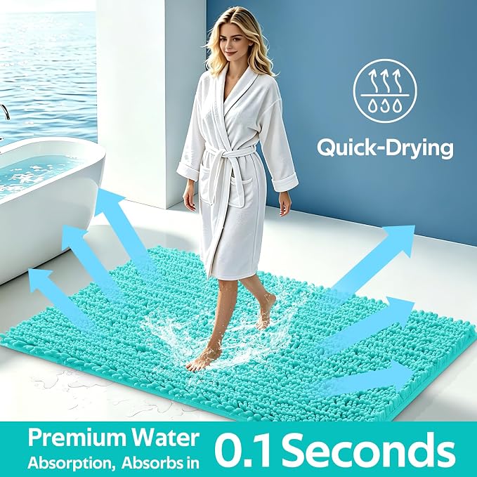 ACCUMTEK Upgrade Extra Large Teal Green Bathroom Rug Set 3 Pieces Ultra Soft, Thick Absorbent Bath Mats, Non Slip Chenille Toilet Mat for Bathroom, Bedroom, Kitchen, Turquoise