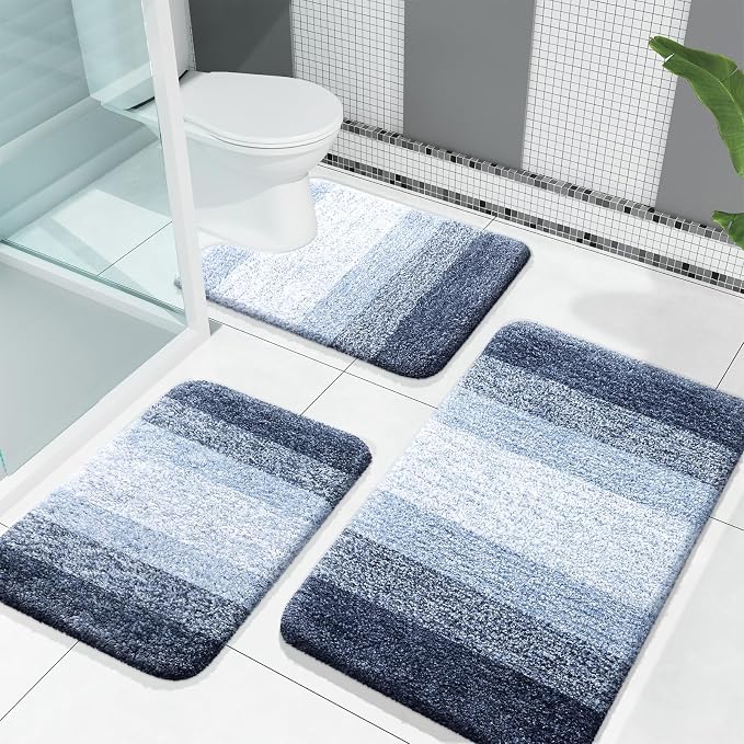 OLANLY Microfiber Bathroom Rugs Sets 3 Piece, 30"x20"+24"x16"+24"x20" | Dark Blue, Soft Absorbent Bath Mats and U-Shaped Contour Toilet Rug, Machine Wash Dry, Plush Shaggy Bath Mat Set for Bathroom