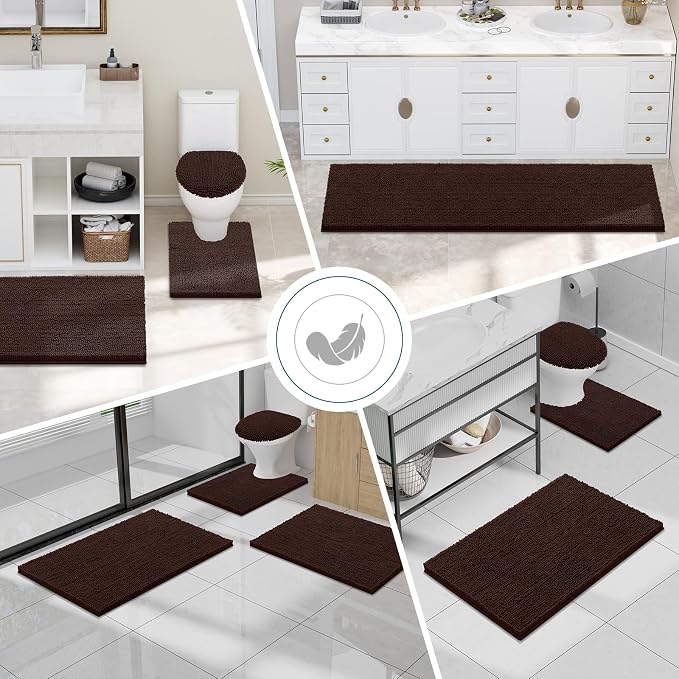 Smiry Chenille Bathroom Rugs Sets 2 Piece (30x20+24x16, Brown) | Soft Absorbent Machine Washable Non Slip Shaggy Bath Rug Set for Tub, Shower, and Floor, Home Decor