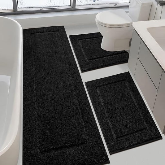 IM HOME Bathroom Rugs Sets 3 Piece, Ultra Soft Thick Plush Fluffy Microfiber Absorbent Bath Mat, Non-Slip Backing, Machine Washable Bath Mats for Bathroom Floor, Tub, Toilet and Shower, Black