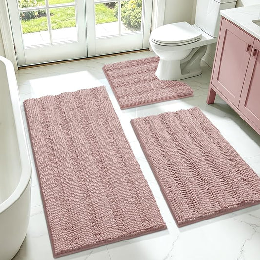 Striped Dusty Pink Bathroom Rug Set 3 Pieces Ultra Soft, Non Slip Chenille Bath Carpet, Absorbent Plush Shaggy Bath Mats for Bathroom, Toilet, Bedroom, Kitchen