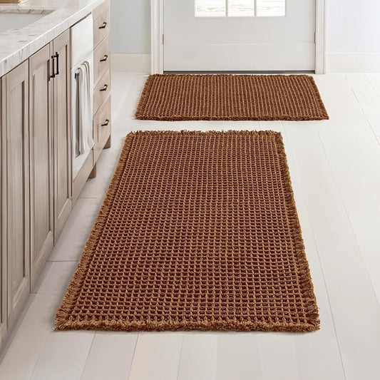 MIULEE Set of 2 Waffle Bathroom Rugs Boho Bath Mat Caramel 17"x24"+18"x30" | Non Slip, Super Absorbent, Washable, Ultra Soft, Rubber Backed, Small Bath Rugs for Bathroom Floor Tub Shower