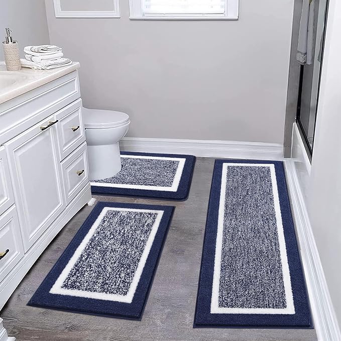 Pauwer Bathroom Rugs 3 Piece Set, Non Slip Washable Bath Mat, Navy | Soft Plush Microfiber, Super Absorbent Floor Carpet, U Shaped Toilet Mats, Quick Dry, Shaggy Shower Rugs Runners