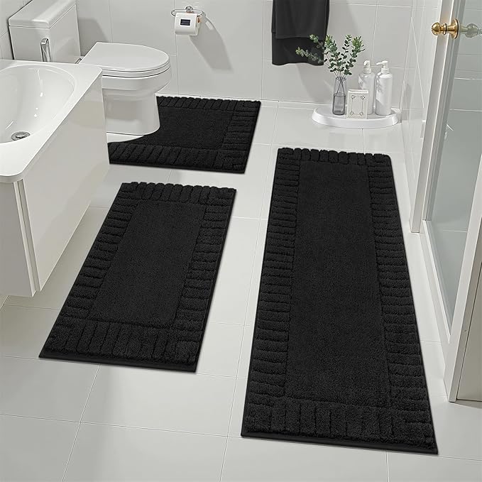 Pauwer Bathroom Rugs Sets 3 Piece, Microfiber Bath Mat Set, Black | Non Slip Washable, Soft Plush, Extra Absorbent Bath Mats, U Shaped Contour Toilet Rug for Bathroom