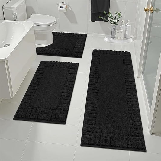 Pauwer Bathroom Rugs Sets 3 Piece, Microfiber Bath Mat Set, Black | Non Slip Washable, Soft Plush, Extra Absorbent Bath Mats, U Shaped Contour Toilet Rug for Bathroom
