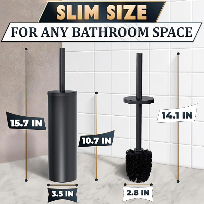 Matte Black Toilet Brush and Holder Set - Stainless Steel Toilet Brush with Holder, Removable Inner Bowl, Replaceable Head, Anti-Splash Guard and Flexible Bristles for Effective Bathroom Cleaning