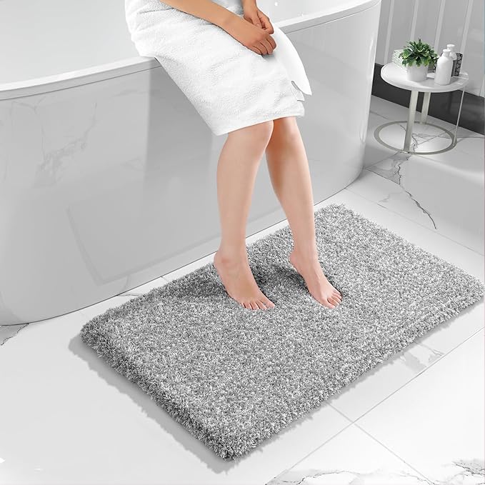 Yimobra Luxury Bathroom Rugs, Fluffy Bath Mats, Non Slip, Water Absorbent Microfiber, Machine Washable, Plush Carpet Shower Rugs, Thick Matts for Bathroom Floor&Tub, 44" X 24", Light Gray and White