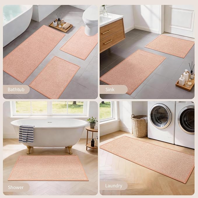 YIHOUSE Pink Bathroom Rugs Sets 2 Piece, Quick Dry Thin Bath Mat with Toilet Rug, Non Slip Absorbent Machine Washable, Bath Rugs for Tub Sink Home Decor (17"x24" + 17.5"x24" U-Shaped)