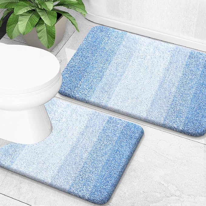 OLANLY Micorfiber Bathroom Rug Set 2 Piece, 24"x16"+U-Shaped 24"x20" | Light Blue, Soft Absorbent Bath Mats and Contour Toilet Rug, Non-Slip, Machine Wash Dry, Plush Shaggy Bath Mats for Bathroom