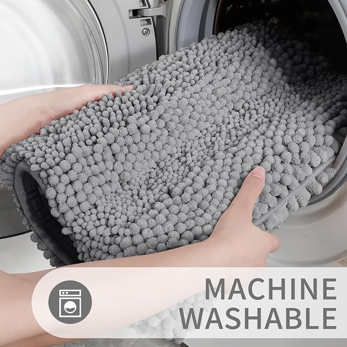 Yimobra U Shaped Toilet Rug Set, Absorbent Chenille, 24x17+24x20, Gray | Soft Plush Chenille Shower Rugs for Bathroom Floor Sink Tub and Shower Outside, Non Slip Machine Washable Quick Dry
