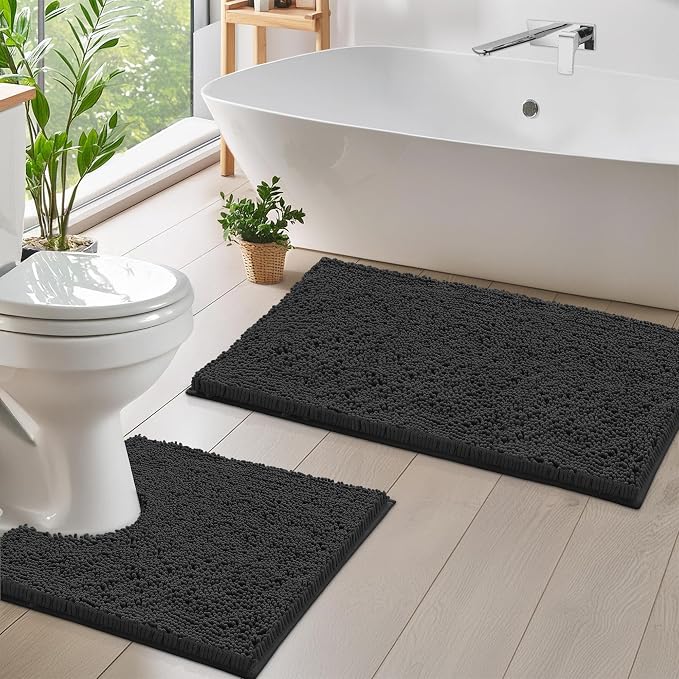 LuxUrux Bathroom Rugs Sets 2 Piece: Quick Dry, Soft Plush Anti-Slip, Super Absorbent. Includes Rectangular (31x20 inches) & U-Shaped Toilet Mat (20x20 inches) | Black
