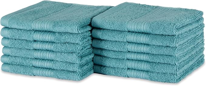 Amazon Basics Highly Absorbent, Fade-Resistant 100% Cotton Washcloths, Machine Washable, 12"x12", Teal, 12-Pack
