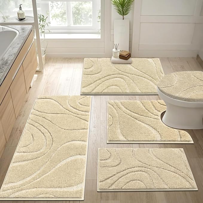 HEBE Bathroom Rugs Sets 5 Piece, Non Slip Washable Absorbent Bath Mat Set | Super Soft Plush Microfiber Bathroom Mats with Runner Set, Solid Bathmat with U-Shaped Toilet Rug Cover Set for Tub, Shower