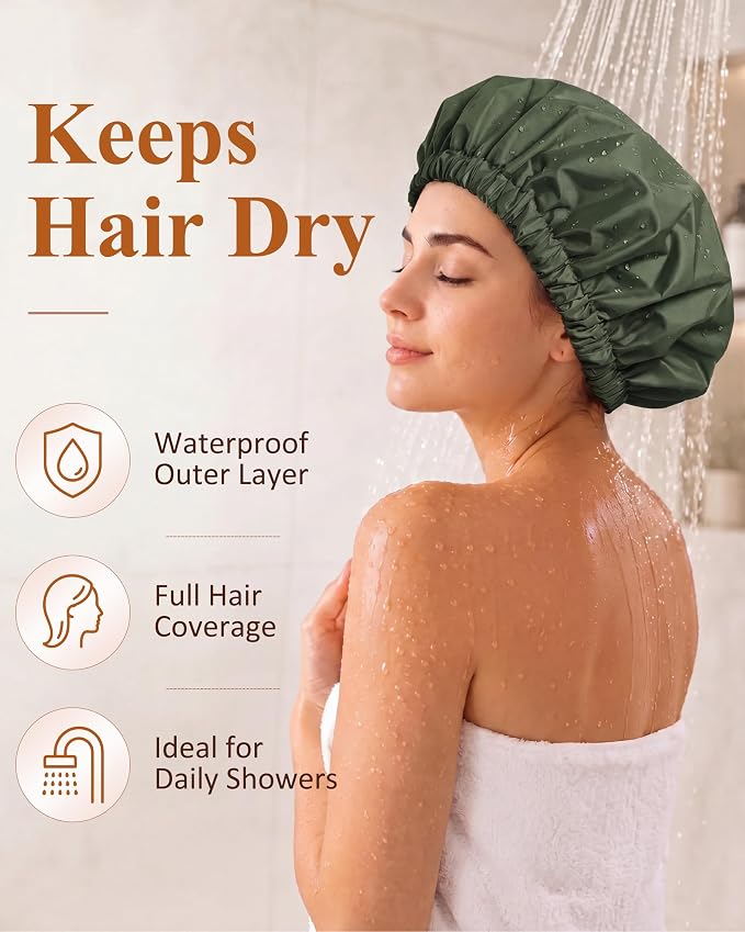 Edoneery Shower Caps for Women Reusable Waterproof, Shower Hair Cap | Washable Bonnet, Wide Elastic Band, Large Fit, Holds Long Hair, Braids Friendly, Bath Accessories, Spa, Travel
